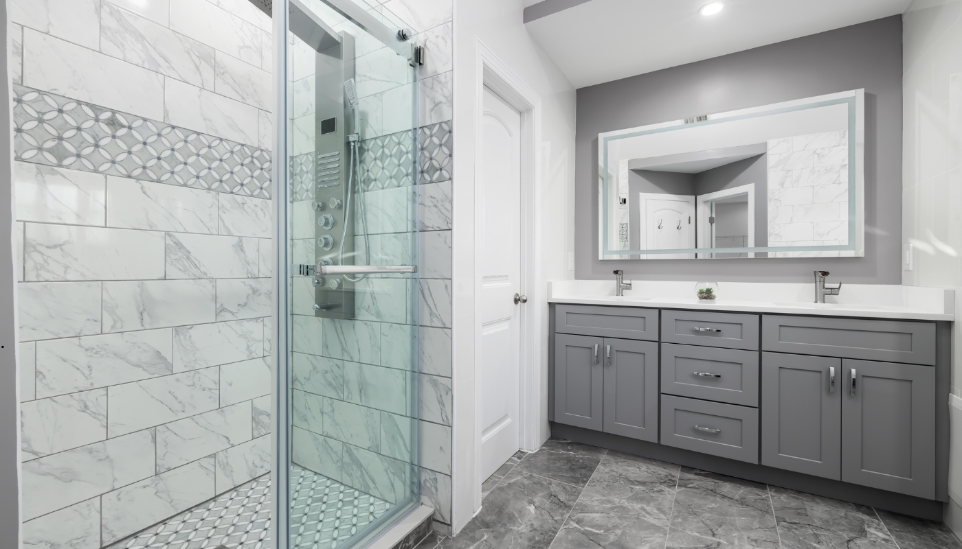 Classic bathroom remodel in Davis, CA featuring marble finishes, vintage fixtures, and timeless design details.