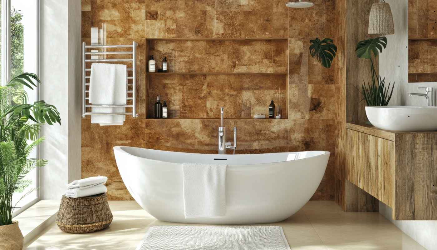 Modern bathroom remodel in Lincoln CA with floating vanity and frameless glass shower